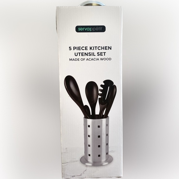 NIB SERVAPPETIT 5 PIECE KITCHEN UTENSIL SET MADE OF ACACIA WOOD - Picture 2 of 3